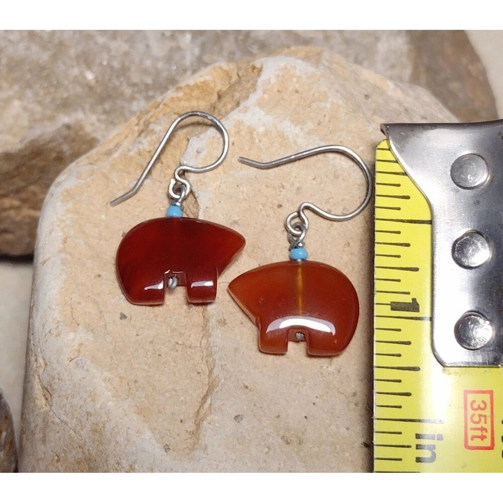 Fetish Bear Carnelian Stone Sterling Silver Dangle Earrings Vintage - Picture 2 of 12